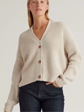 Quince Soft Ribbed V-Neck Fisherman Boxy Cropped Cardigan in speckled beige